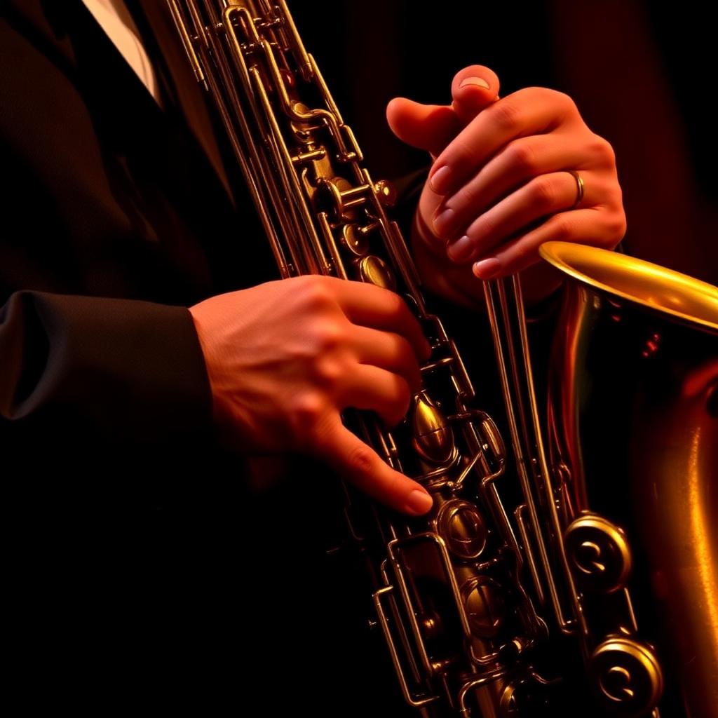 Close up of hands playing gold saxophone