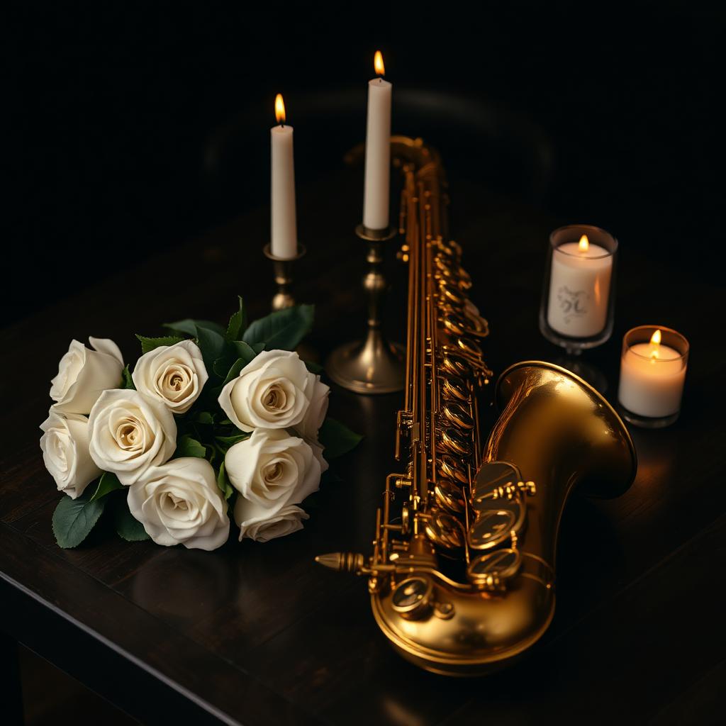 Golden saxophone with white roses